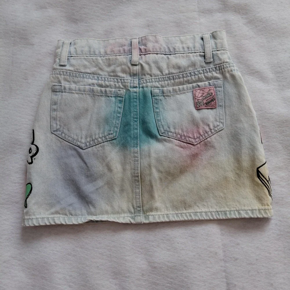 Justice Girls Tie Dye Denim Mini Skirt Size 8 Ring Pop Bazooka Graphics LTWASH